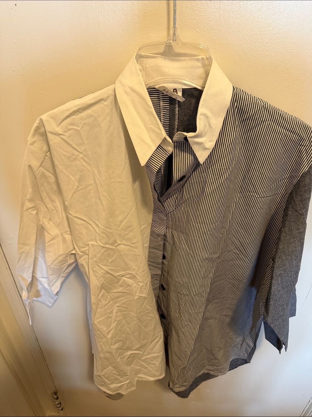 Mixed-Panel White and Black Striped Button-Up Blouse